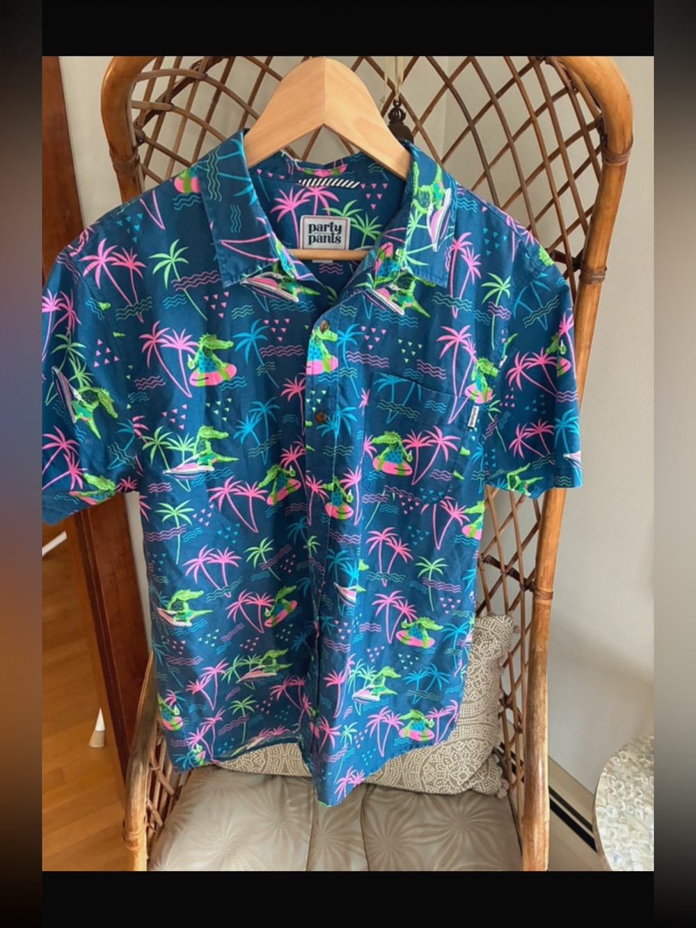 Mens medium Party Pants Tropical Print Polo - Neon Palm